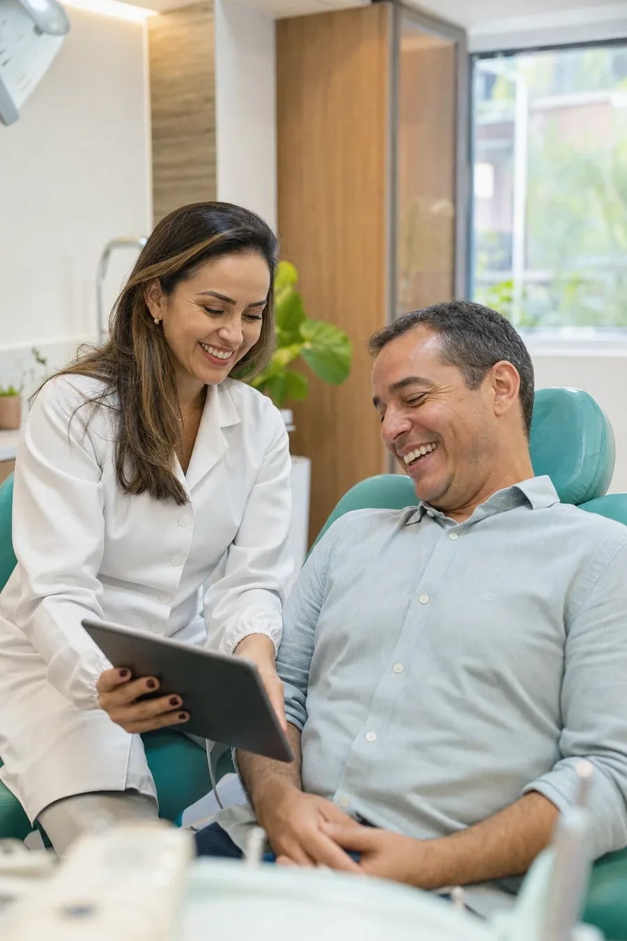 Dentista e paciente conversando e rindo numa clínica clara