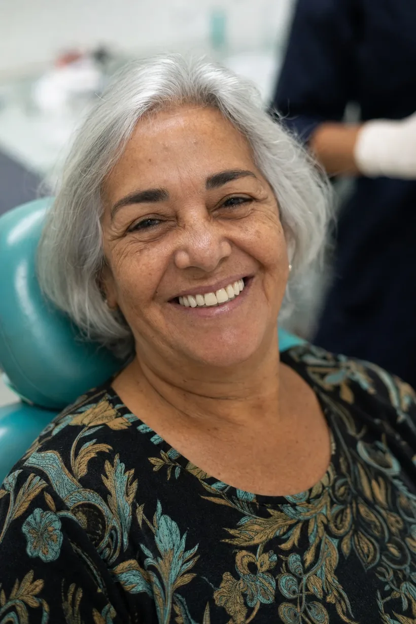 Paciente sorrindo na cadeira depois da consulta